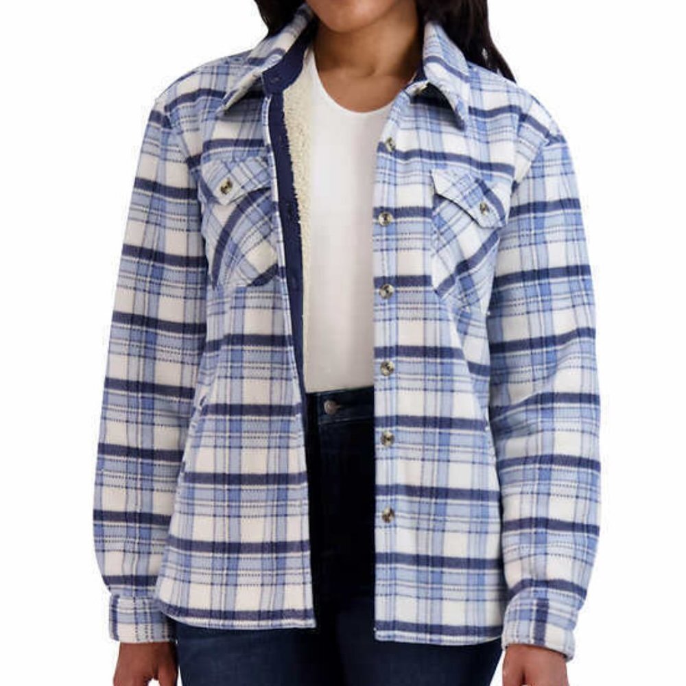 Sage Ladies' Lined Plush Button Front Plaid Blue and White Shirt Jacket, XL NWT